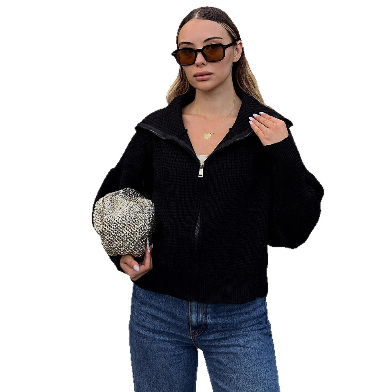 Damen Strickjacke Oversized Reißverschluss Hochkragen