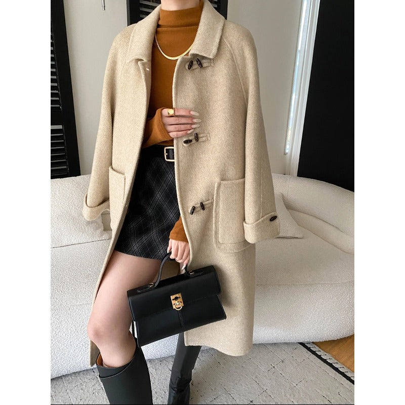 Damen Wollmantel Eleganter Mantel mit Taschen und Knöpfen Schwarz - Eveloria