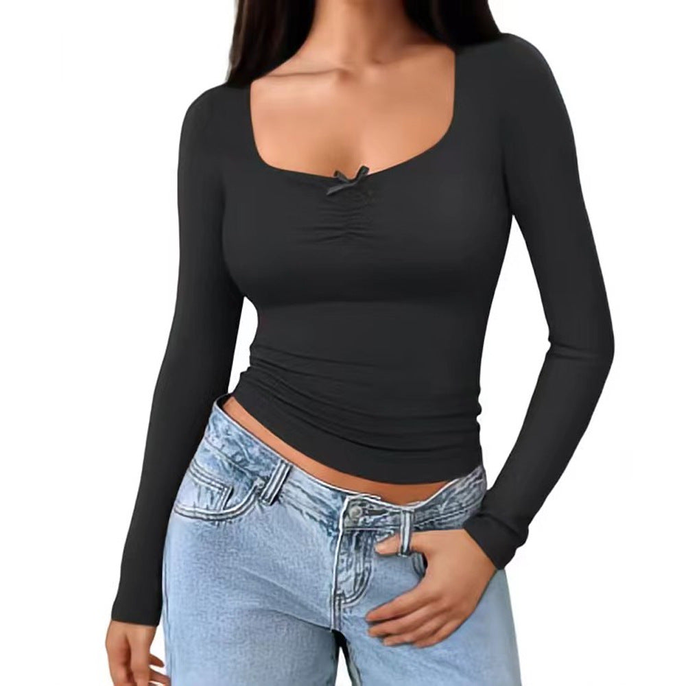 Damen Langarmshirt Quadratischer Ausschnitt Raffiniert Blau Eveloria - Eveloria