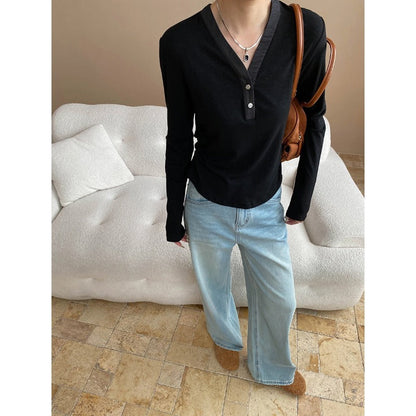 Damen Langarmshirt mit Knöpfen und lockerem Schnitt Eveloria
