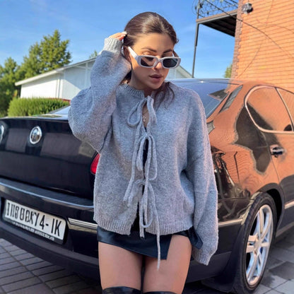 Damen Strickjacke Kuschelig Bändchen Weite Ärmel Beige