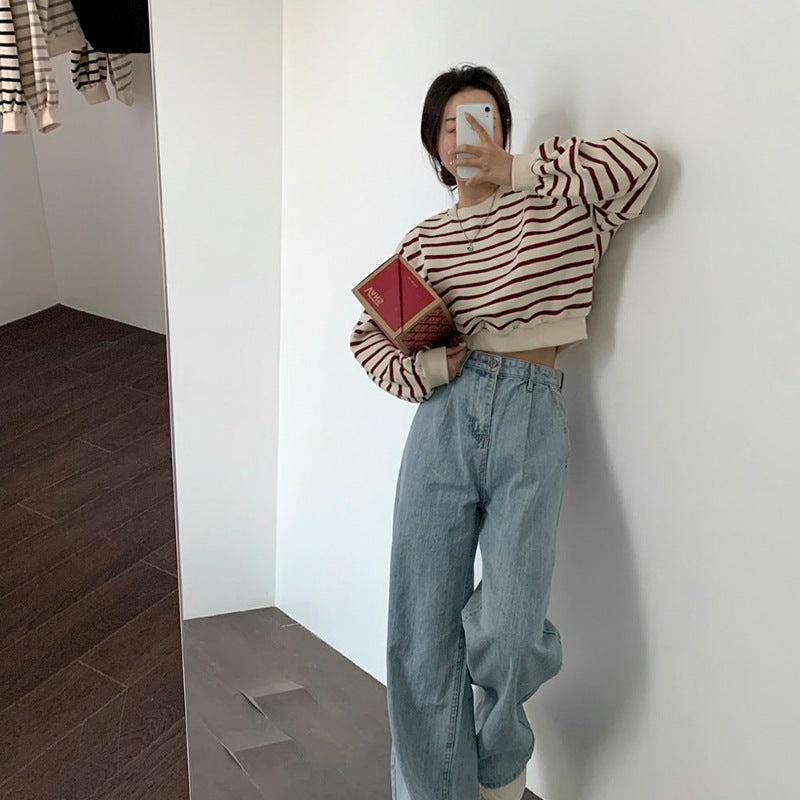 Damen Sweatshirt Gestreift Lässig Puffärmel Grau - Eveloria