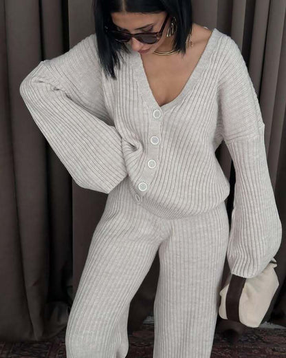 Damen Strickanzug Lässig Weites Oberteil Bequeme Hose Eveloria