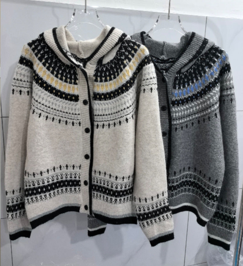 Damen Strickjacke Kapuze Norwegermuster Eveloria