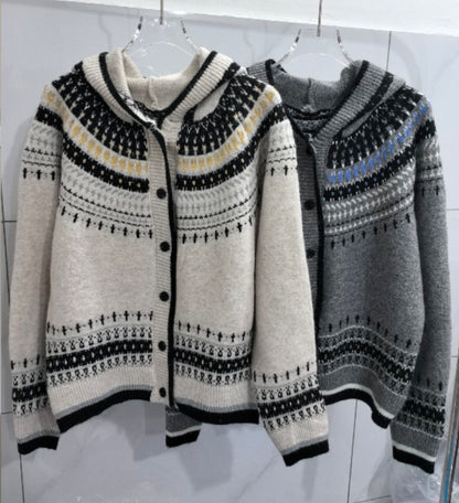 Damen Strickjacke Kapuze Norwegermuster Eveloria