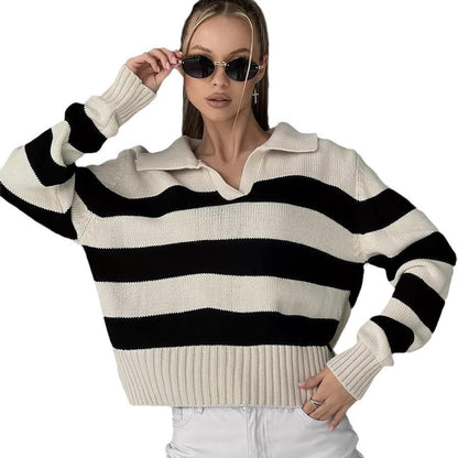 Damen Sportpullover Streifenmuster Kragen Eveloria