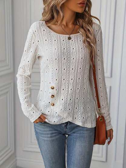 Damen Langarmshirt Dekorative Knöpfe Struktur Eveloria