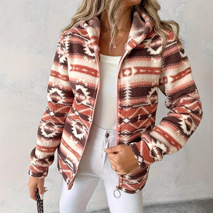 Damen Fleecejacke Ethnomuster Reißverschluss Schwarz Eveloria - Eveloria