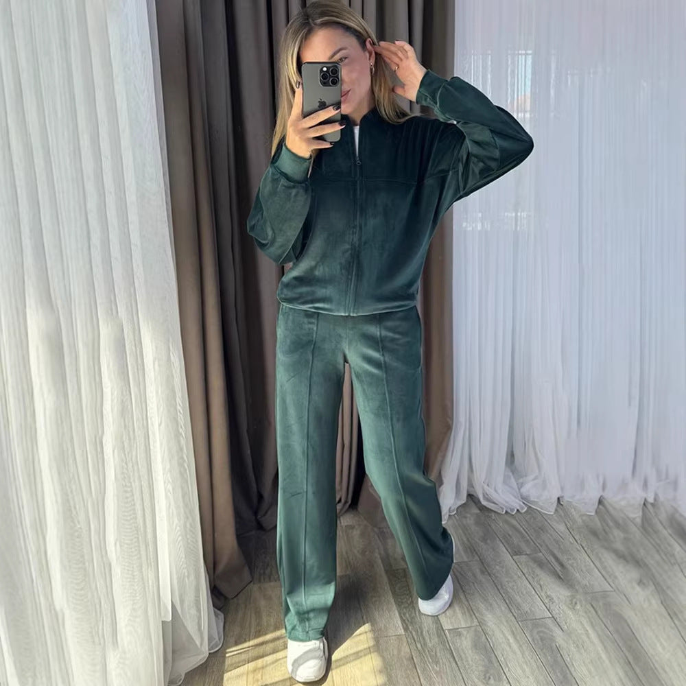 Damen Velours Jogginganzug Hochkragen Praktische Taschen