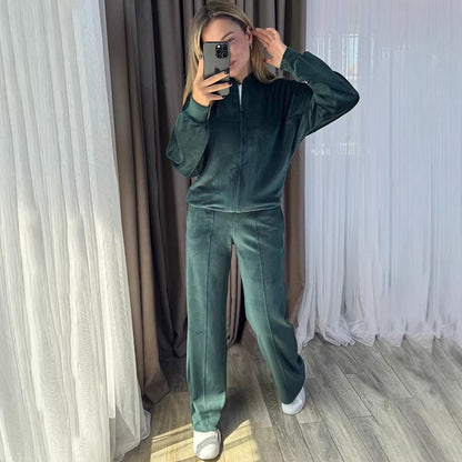Damen Velours Jogginganzug Hochkragen Praktische Taschen