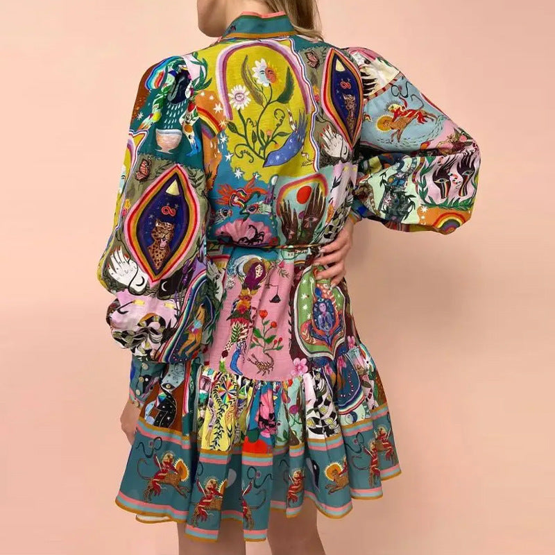 Damen Midikleid Tier- und Blumenmuster Weite Ärmel Bunt