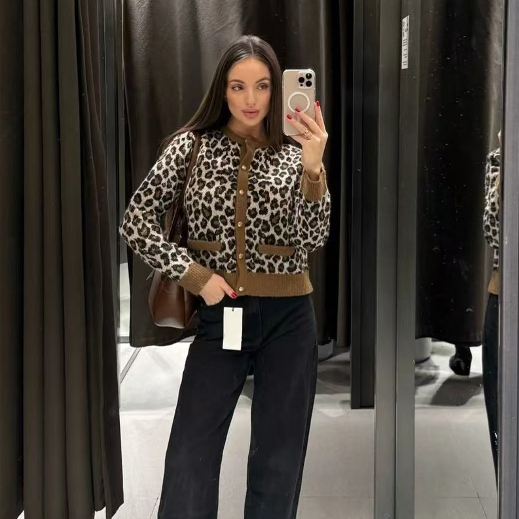 Damen Strickcardigan Animal-Print Kuschelig Mit Taschen Schwarz - Eveloria