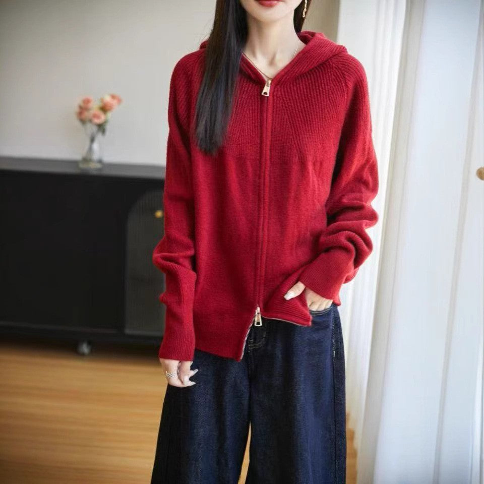 Damen Kapuzenjacke Rippstrick Eleganter Reißverschluss