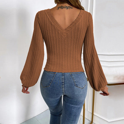 Damen Strickbody V-Ausschnitt Puffärmel Elegantes Design