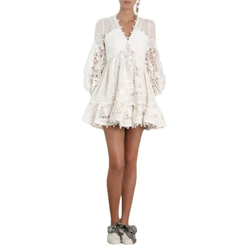 Damen Volantkleid Blumenspitze Puffärmel