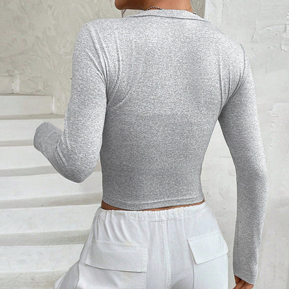 Damen Langarmshirt V-Ausschnitt Baumwolle Figurbetont Eveloria
