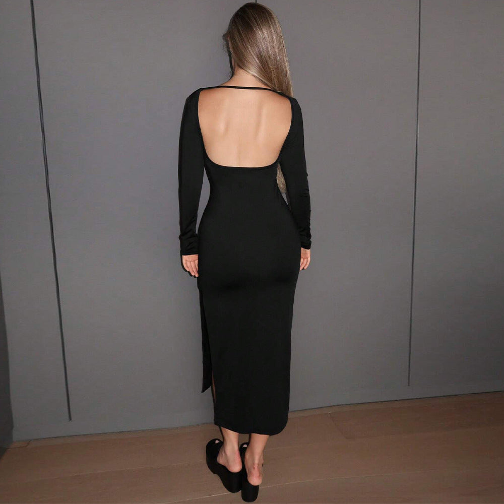 Damen Langarm-Midikleid Elegantem Schlitz Figurbetont Schwarz Eveloria - Eveloria