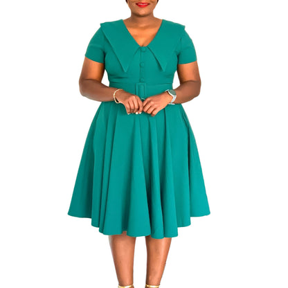 Damen A-Linien Kleid mit Kragen und Bindegürtel Elegant
