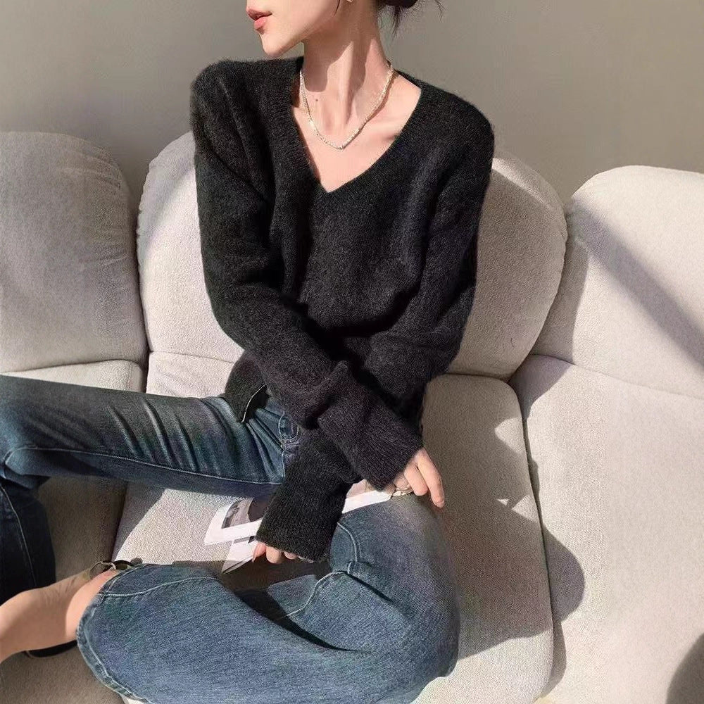 Damen Strickjacke V-Ausschnitt Reißverschluss Eveloria