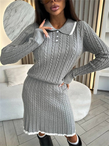 Damen Strickkleid Polo-Kragen Zopfmuster Oberfläche Eveloria