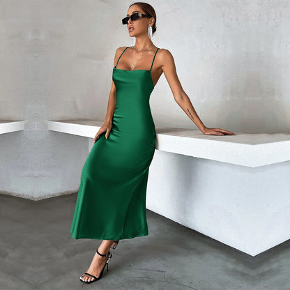 Damen Satin Maxikleid Spaghetti-Träger Fließend Eveloria