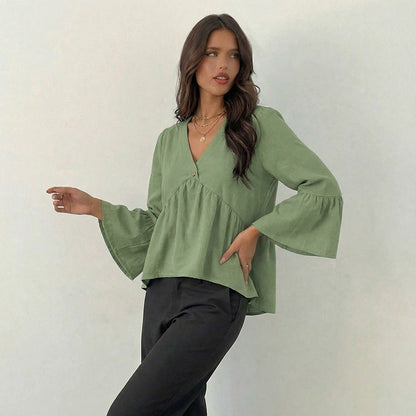 Damen Oberteil Bluse mit weiten Ärmeln und Knöpfen Eveloria