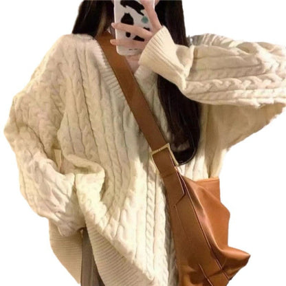 Damen Grobstrickpullover V-Ausschnitt Voluminöse Ärmel Eveloria