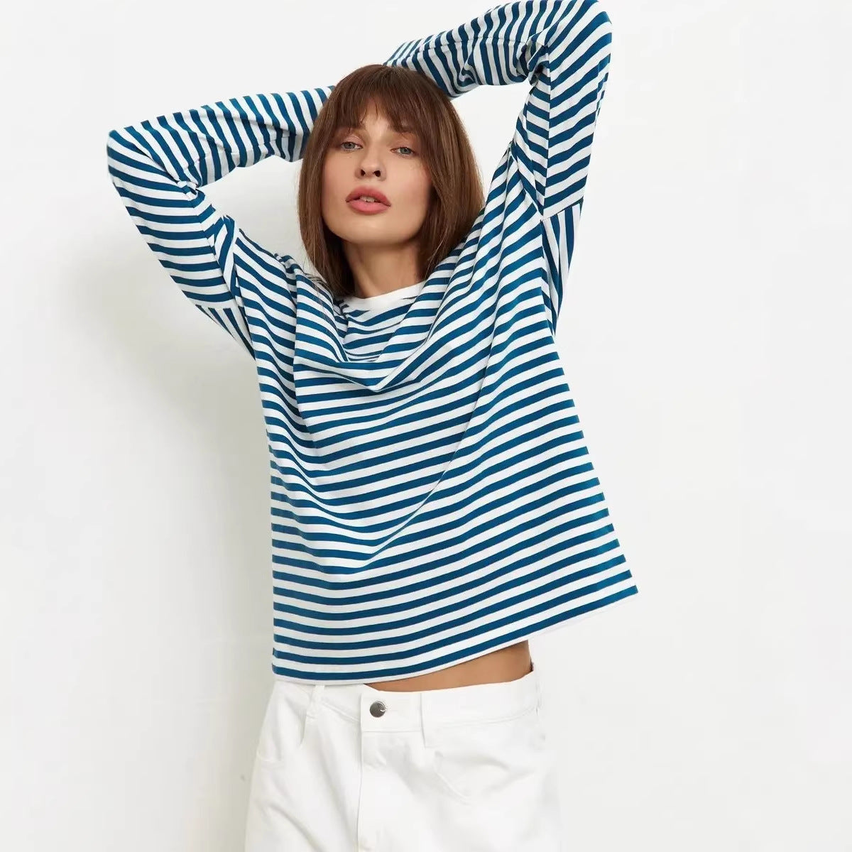 Damen Langarm T-Shirt Streifen Weiss