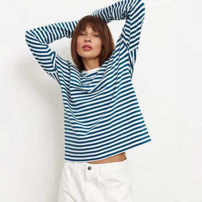 Damen Langarm T-Shirt Streifen Weiss
