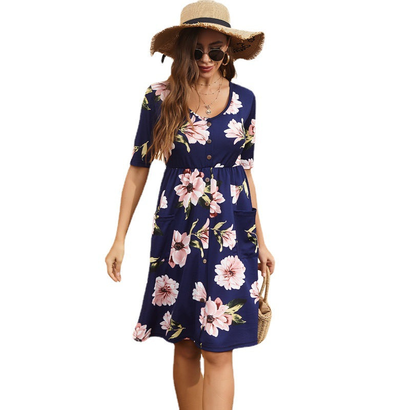 Damen Kleid mit Knöpfen und Taschen aus Baumwolle Beige