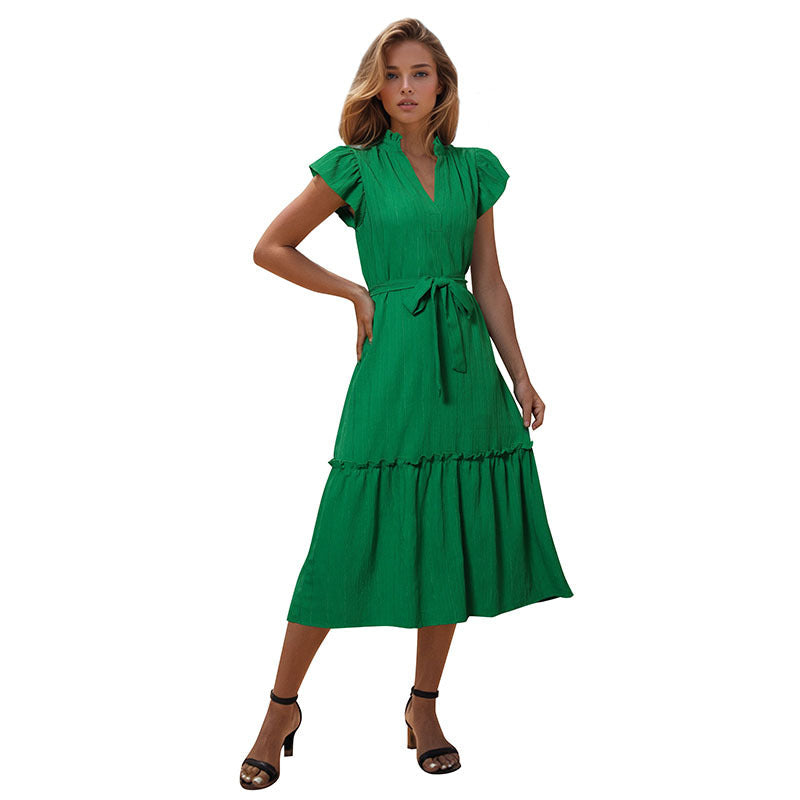 Damen Wickelkleid Midi Elastisch Rüschen Eveloria