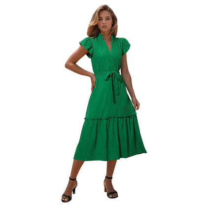 Damen Wickelkleid Midi Elastisch Rüschen Eveloria