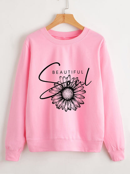 Damen Sweatshirt Floralmuster Mit Schriftzug Eveloria