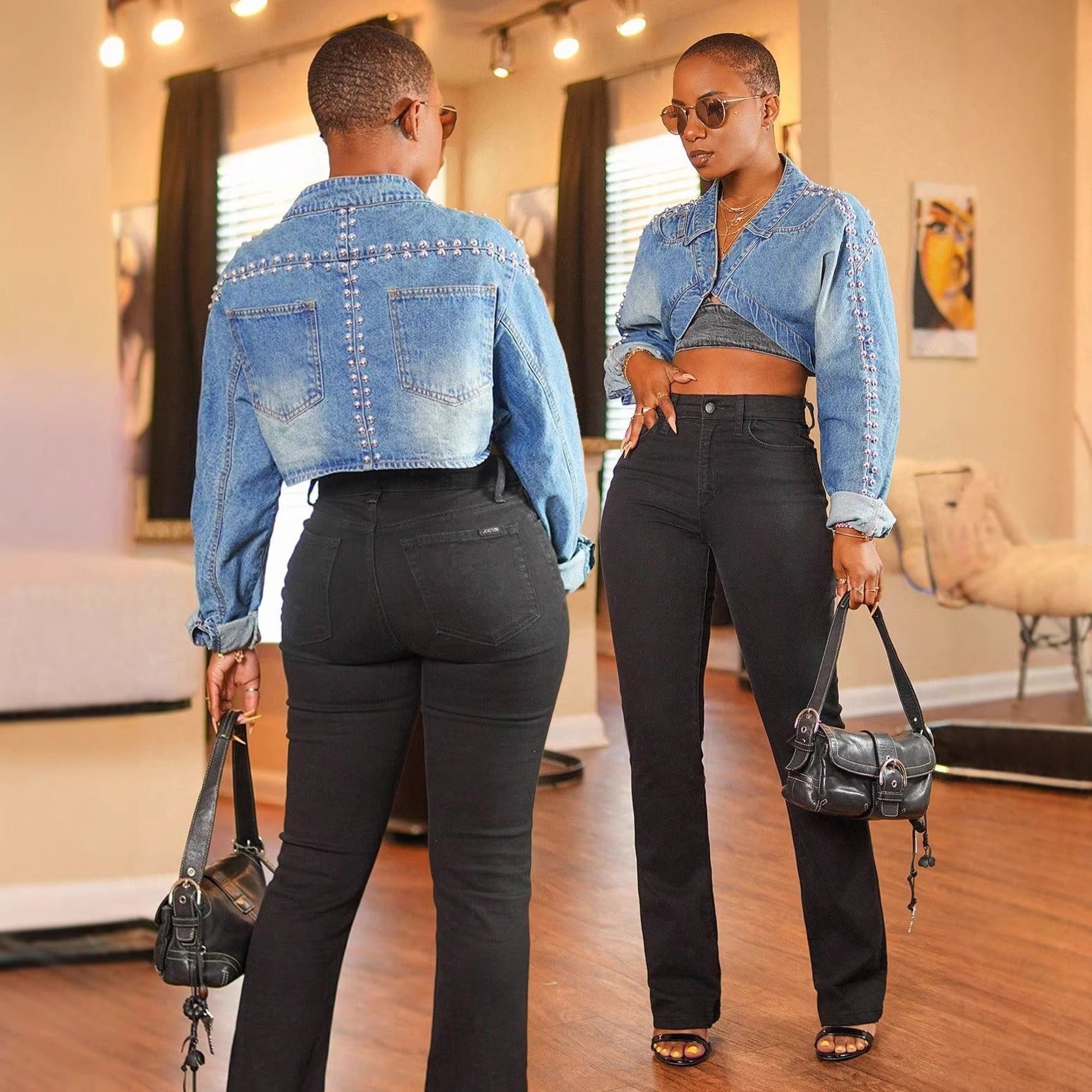 Damen Cropped Jeansjacke Rüschen Tailliert Blau Eveloria - Eveloria