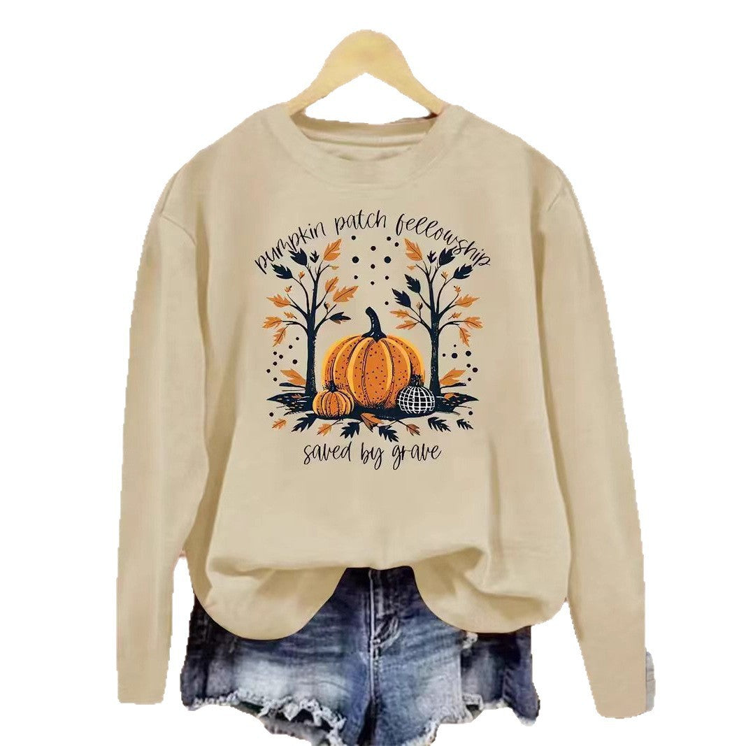 Damen Sweatshirt Herbstlich Kürbis Motiv Lässig Grau Eveloria