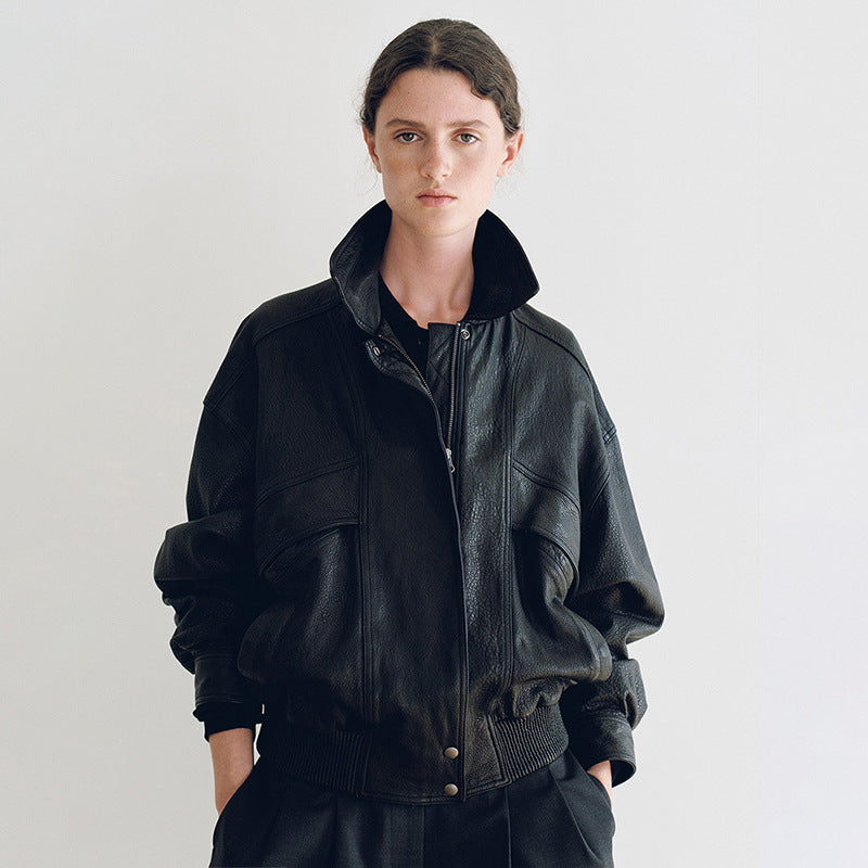Damen Lederjacke Lässig Mit Taschen Schwarz Eveloria - Eveloria