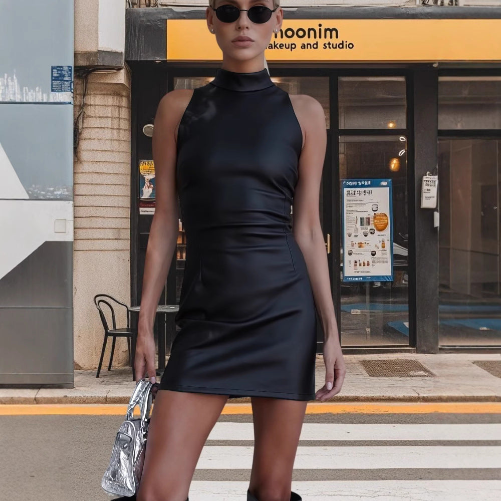 Damen Kleid Stehkragen Glänzend Schwarz Eveloria - Eveloria