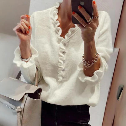 Damen Bluse Rüschendesign Knopfleiste Blume Farbe Weiß