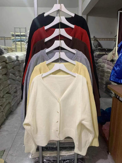 Damen Strickjacke V-Ausschnitt Elegante Knöpfe Beige