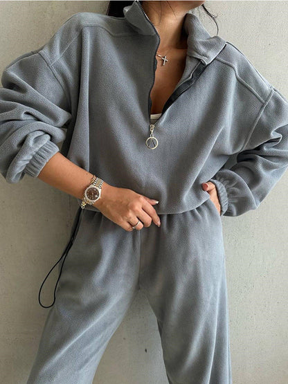 Damen Fleece-Loungewear-Set Elastisch Halbzippverschluss Grau