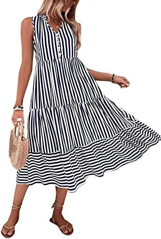 Damen Midikleid Gestreift Knopfleiste Eveloria