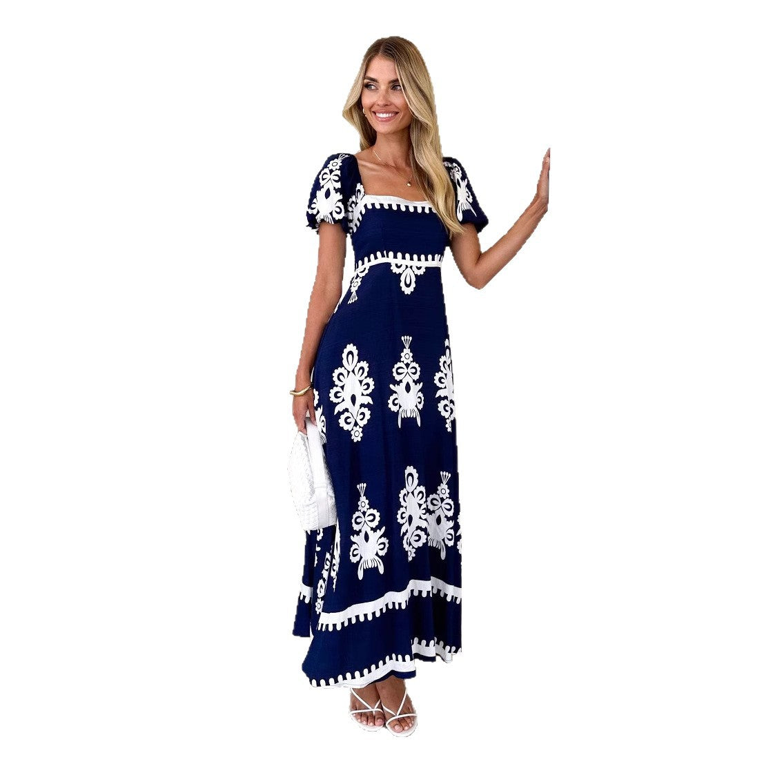 Damen Maxikleid Puffärmel Grafisches Muster Eveloria