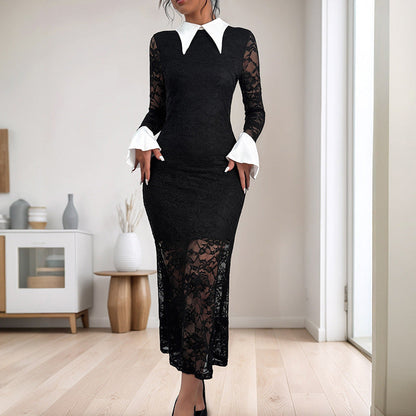Damen Spitzenkleid Dekorativer Kragen Transparente Ärmel