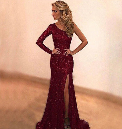 Damen Abendkleid Glitzernd Asymmetrisch Hoch Beinschlitz