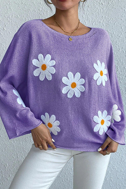 Damen Strickpullover Blumendesign Weit
