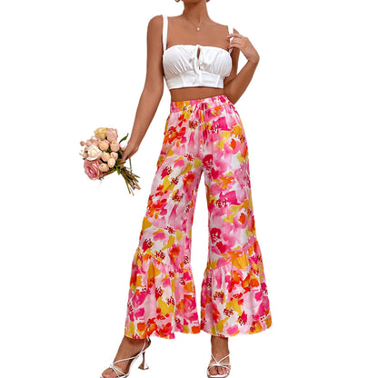 Damen Palazzo-Hose Bunt Blumen Rüschendetails