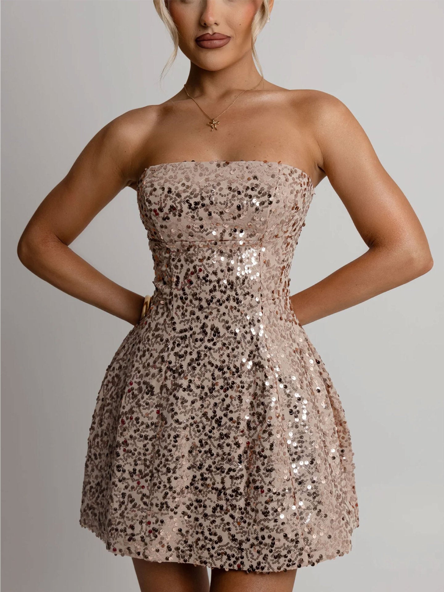 Damen Cocktailkleid Schulterfrei Pailletten Eveloria