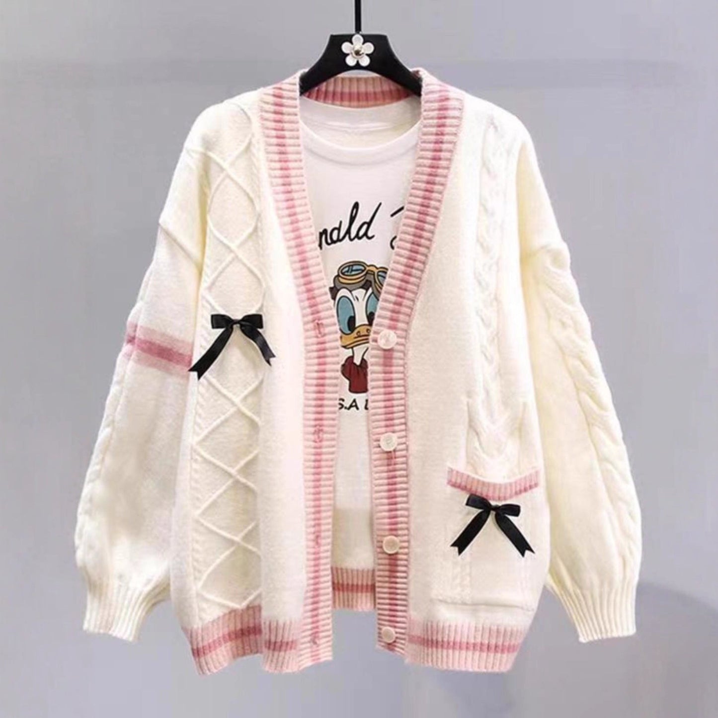 Damen Strickcardigan Zopfmuster Dekorative Schleifen Beige