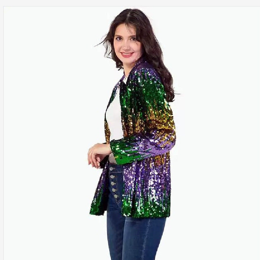 Damen Glitzerjacke Pailletten Langer Arm Offener Schnitt Eveloria