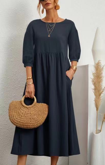 Eveloria Damen Midi-Kleid Ballonärmel mit Taschen